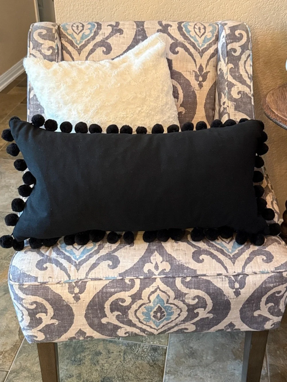 Plush Black Linen Pom-Pom Lumbar Pillow with a Down Insert - 24x12